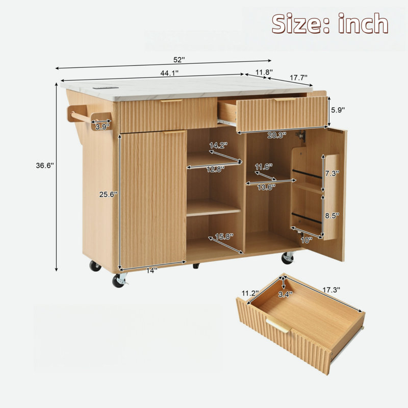 Îlot de cuisine cannelé avec rallonge, prise de courant, tablettes réglables, 2 portes et 2 tiroirs