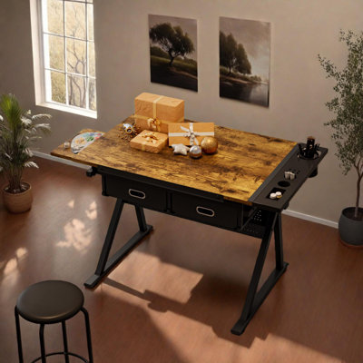 Adjustable Height Drafting Table Desk with Tilt Top, 2 Drawers, Storage Shelf and Stool