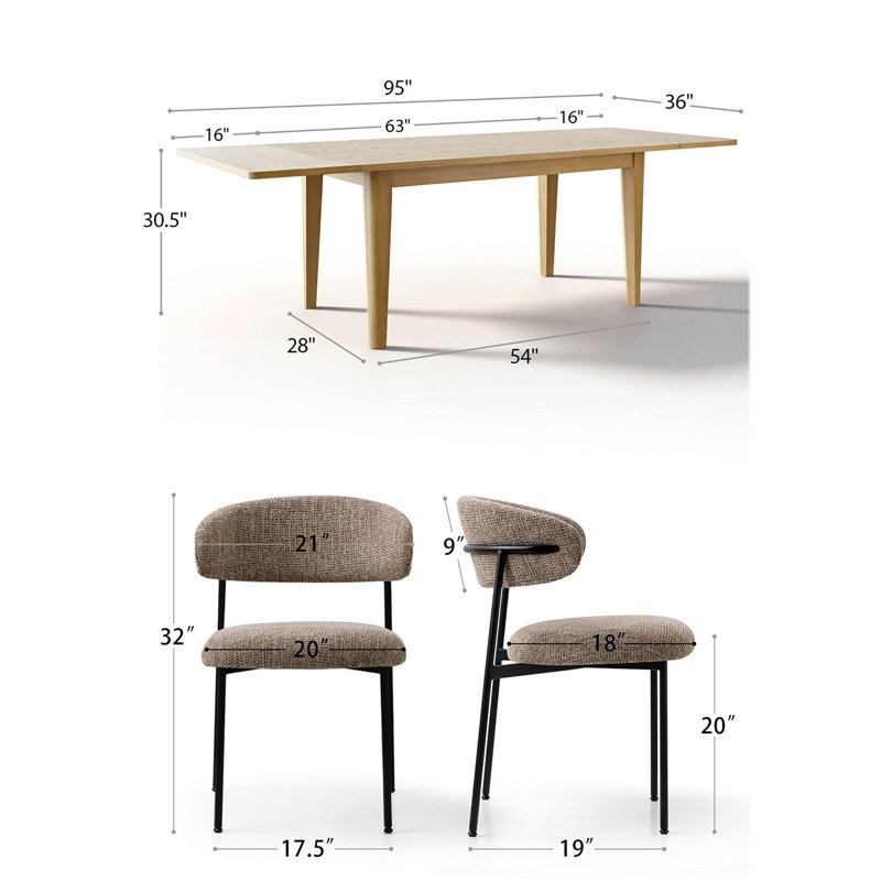 Modern 7-Piece Extendable Dining Set With Rectangular Wood Table And Upholstered Curved Back Chairs, Light Brown
