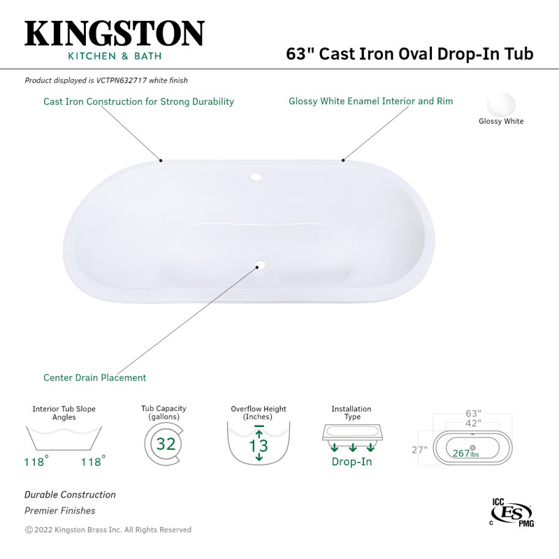 Kingston Brass Aqua Eden 63-Inch Cast Iron Oval Drop-In Tub with Center Drain