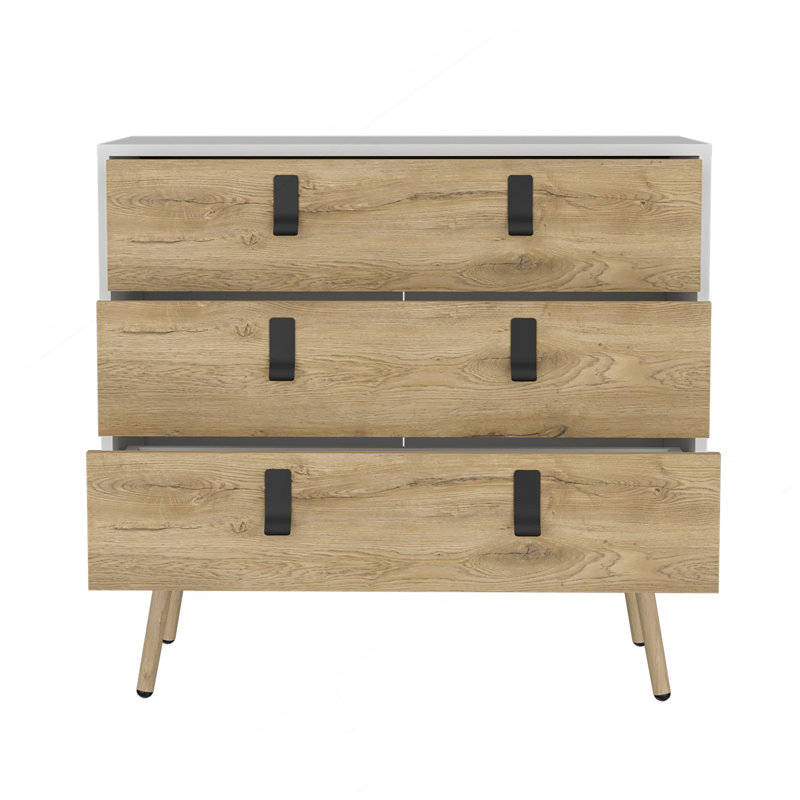 Commode H 29 po, commode 3 tiroirs avec poignées et pieds en bois, blanc / Macadamia, Pin / blanc