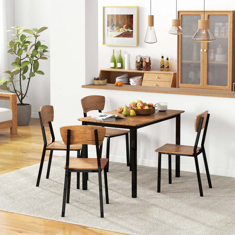 Industrial 5-Piece Dining Set with Dark Walnut MDF and Steel