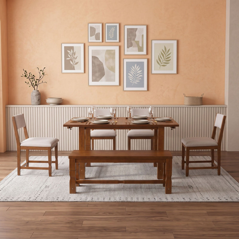 Ensemble de salle à manger rectangulaire de 6 pièces avec table extensible, 2 rallonges amovibles, quatre chaises rembourrées et banc