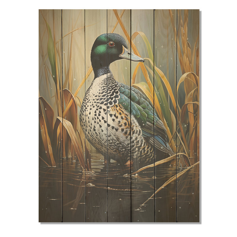 Canard Drake à l'étang I - animal canard sur bois, H 40 po x l 30 po