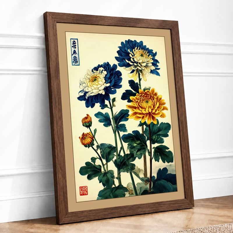 Chrysanthemums in Bloom Japandi 1 Piece Single Picture Frame Wall Art, A4 - 29.7 x 21.0 cm, Walnut