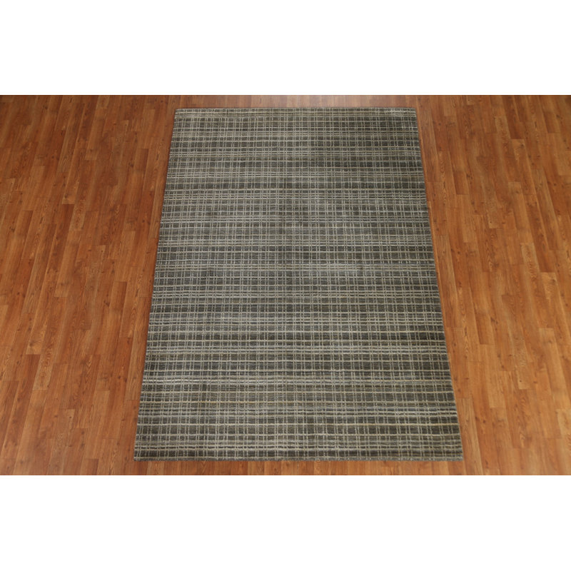 Tapis gris en laine noué à la main de conception unique 5 pi 5 po x 7 pi 9 po New Age