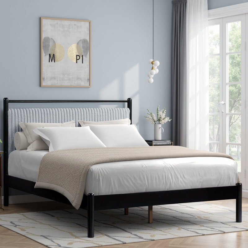 Wood Platform Bed Frame with Plush Headboard, Silent Slats & 8.8"Underbed Storage, Queen