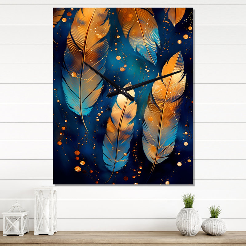 Horloge murale Boho Glam Gold Feathres On Cosmic Blue II, Grand