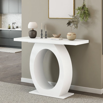 Beige Acacia Console Table with Egg-Shaped Base - Sleek Modern Design for Living Room & Bedroom