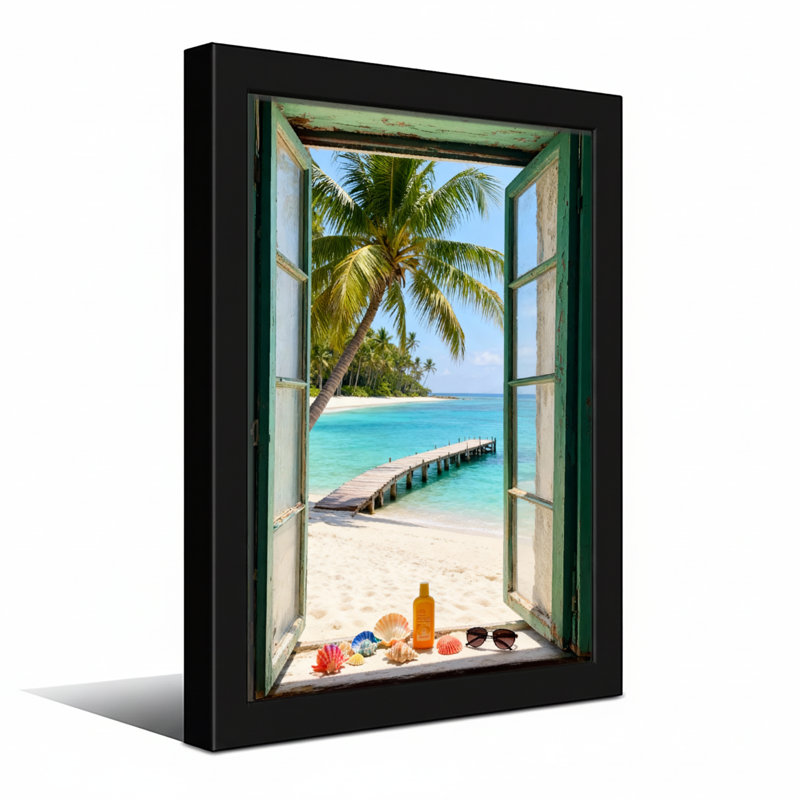 Paysage et nature Plage tropicale Palmier Vue sur l'océan Cadre de fenêtre Sable Coquillages et lunettes de soleil