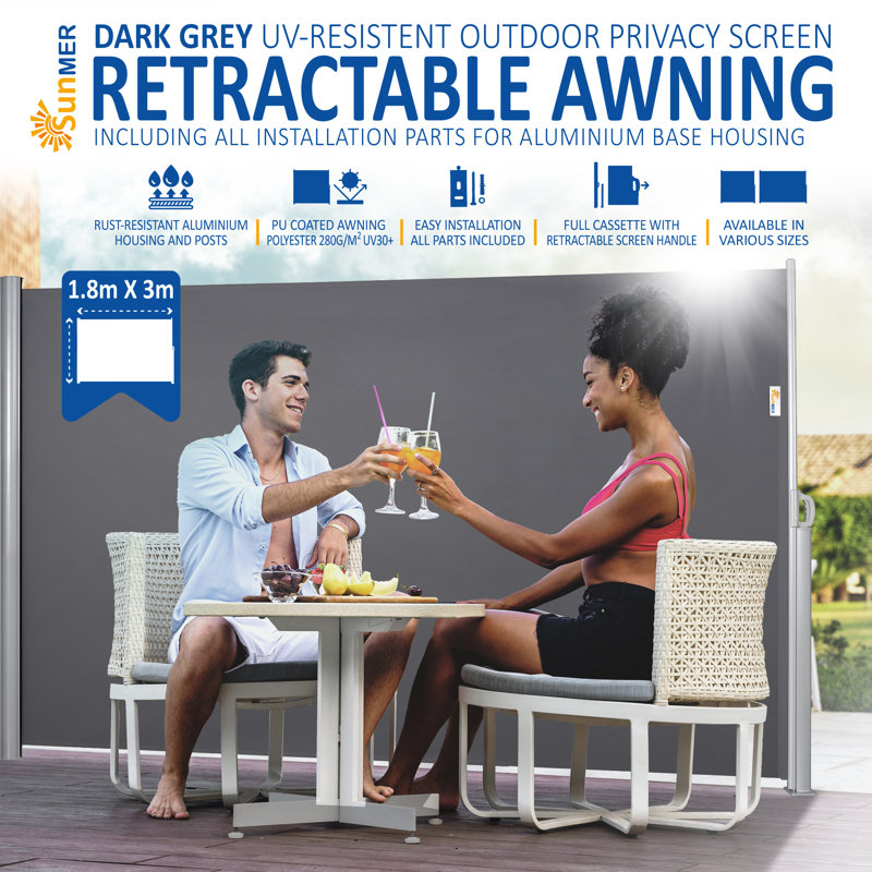 Aluminium Full Cassette Retractable Side Awning, 180cm H x 300cm W x 9cm D