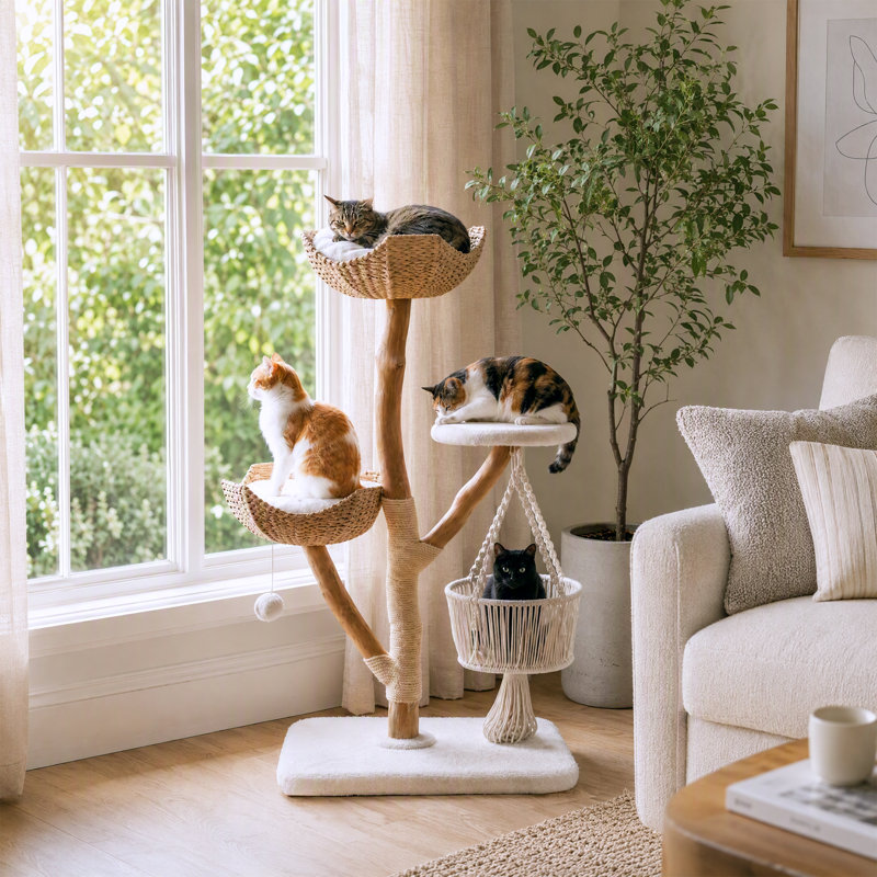 Tour pour arbre à chat en bois massif 47,24 "pour chats d'intérieur, arbre à chat multi-niveaux avec poteau à griffer, perchoirs souples et hamac suspendu