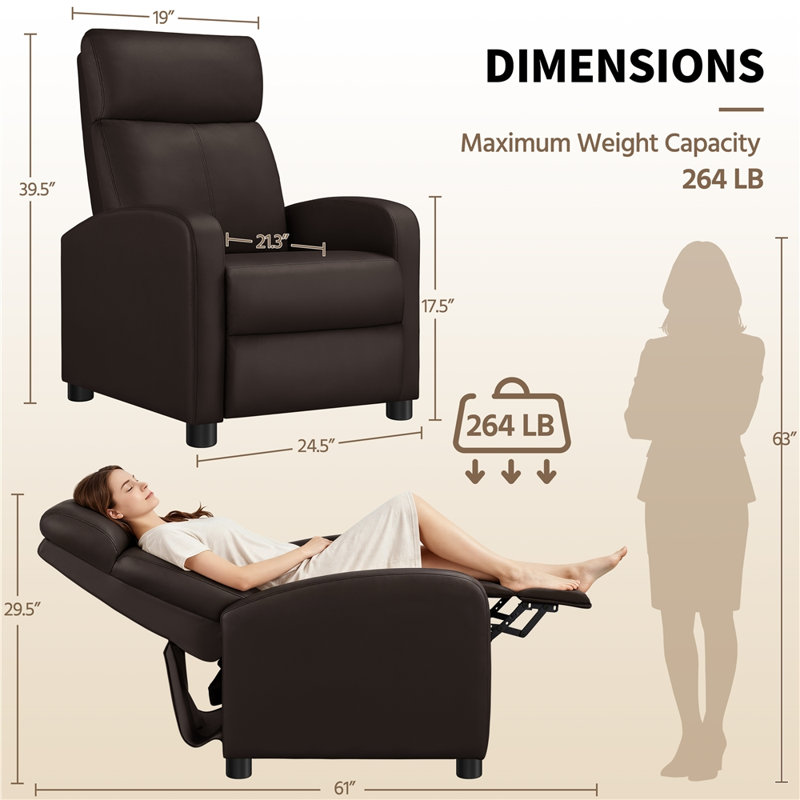 Fauteuil inclinable large de 27 po Mcghee, fauteuil inclinable compact avec sièges confortables pour le salon, la chambre à coucher et la maison