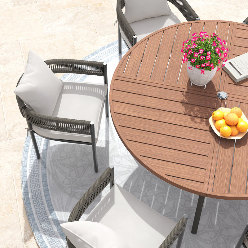 Ensemble repas d'extérieur rond 6 personnes avec chaises rembourrées en rotin pe Passerella, Brush Wood Brown/Beige
