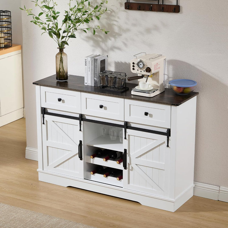 Armoire de bar de style campagnard avec porte-bouteilles et armoire à vin 54 po, White/Black