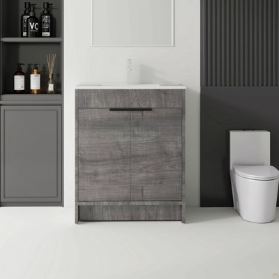 Meuble-lavabo autoportant de 36 po avec lavabo, tiroir en céramique, contreplaqué, gris
