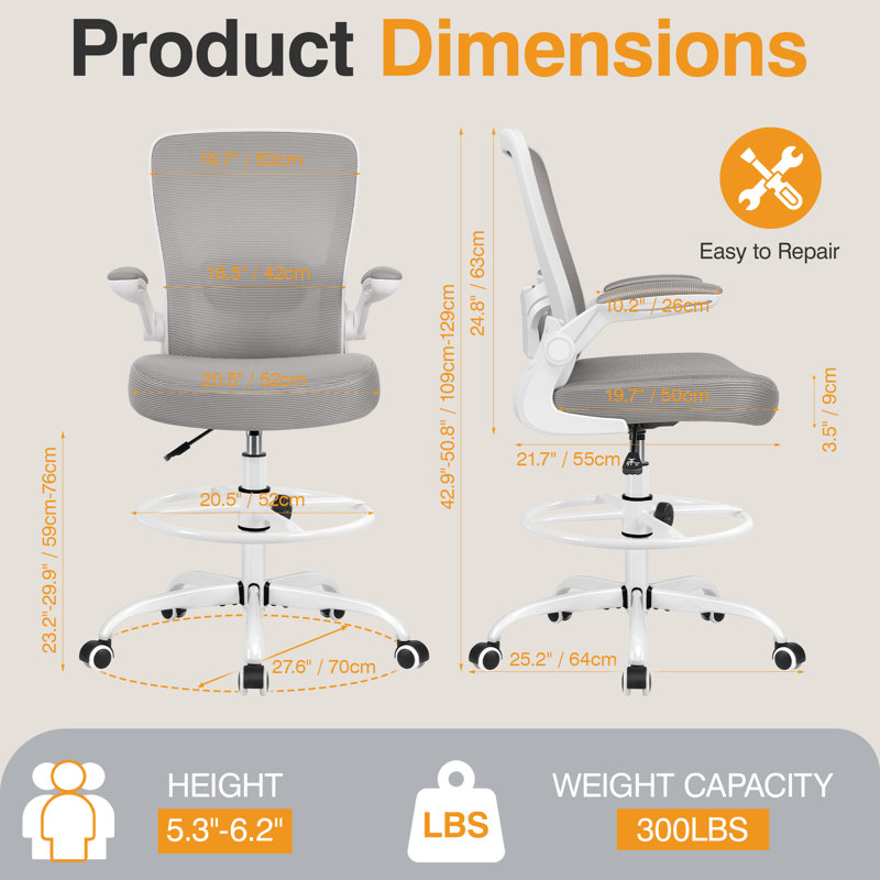 Mesh Drafting Chair with Adjustable Footrest and Lumbar Support, White, Gray