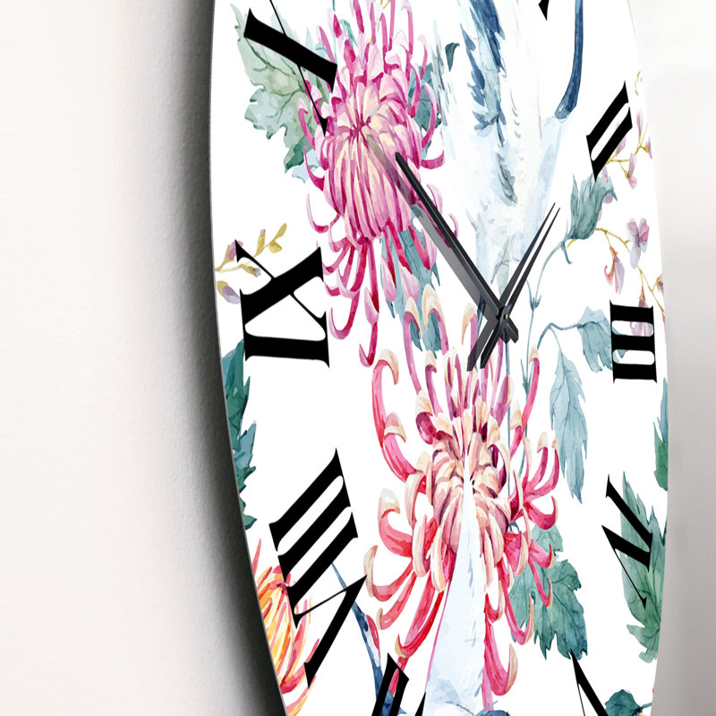 Crane Bird With Flowers And Plants - Patterned Wall Clock, Small