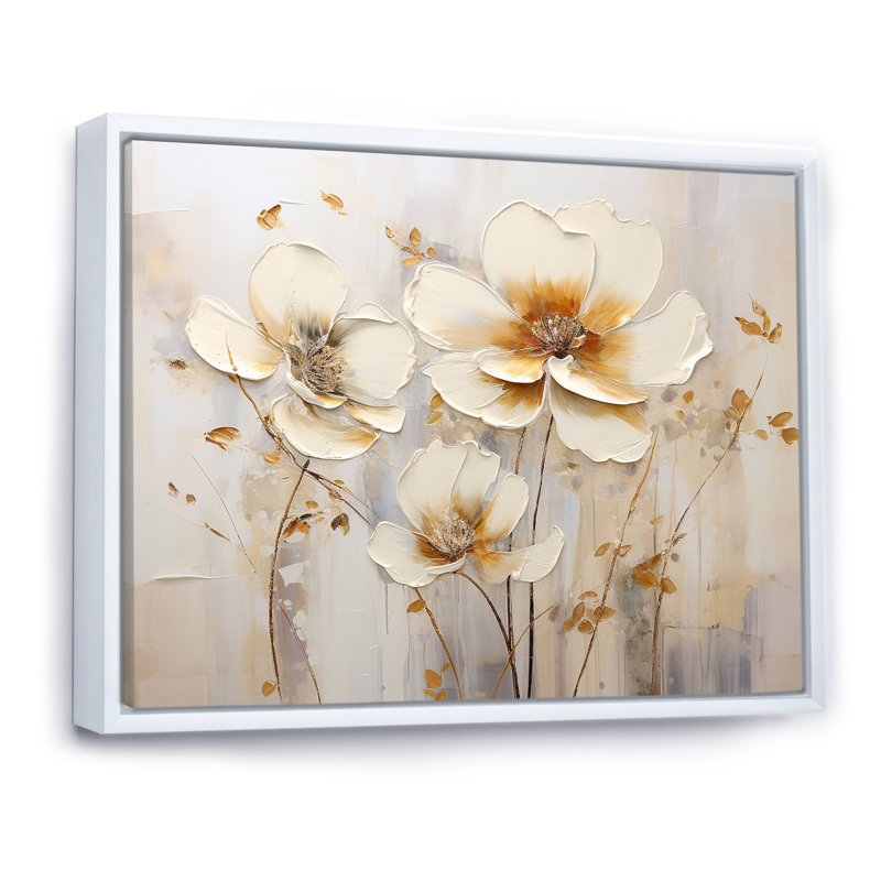 Transitions florales beiges sérénité sur toile, Cadre flottant blanc, H 12 po x l 20 po