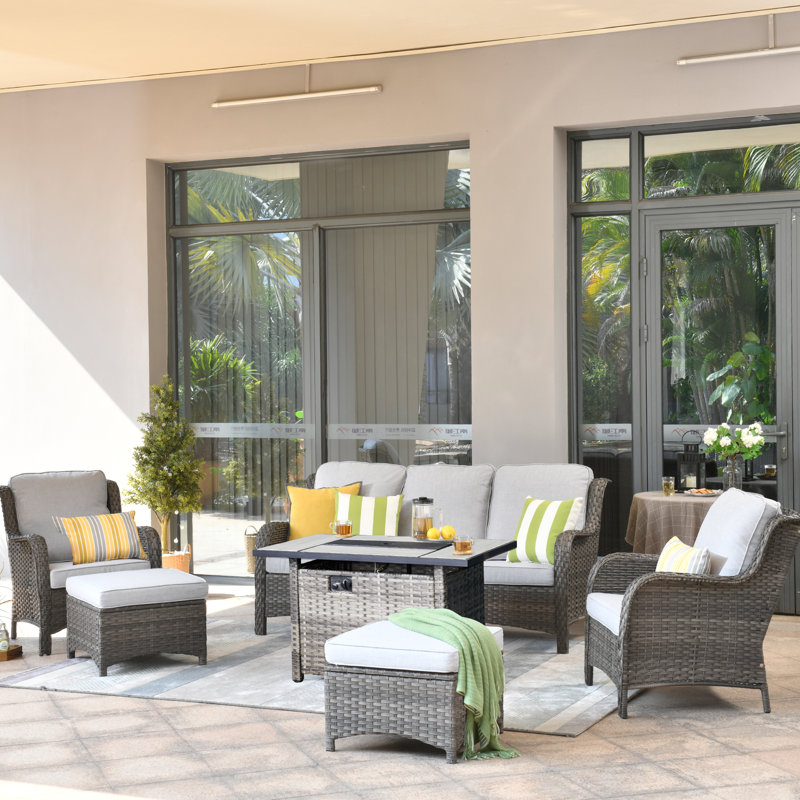 5 - Person Wicker Outdoor Conversation Set, Patio Sofa Set with Fire Pit and Cushions, Gray Cushion/Gray Frame
