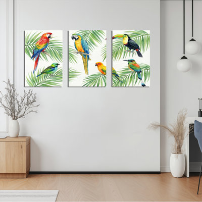Perroquets tropicaux et oiseaux exotiques, reproduction d'art sur toile tendue sur toile, ensemble de 3, pour salon, chambre à coucher ou bureau