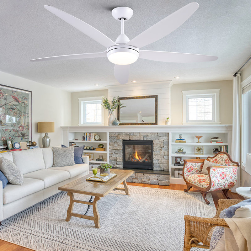 Modern 48''/56'' 5-Blade LED Standard Indoor Ceiling Fan with Remote Control and Light Kit Included, White with White Blades