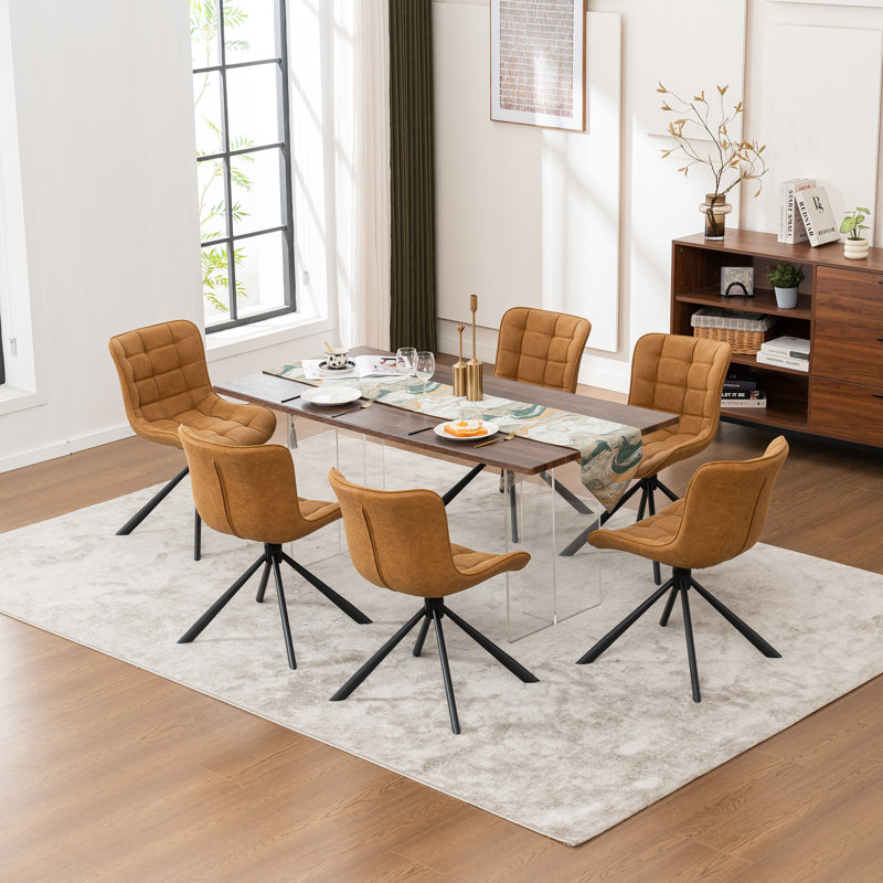 Tufted Swivel Leather Upholstered Side Chairs Modern Dining Chairs with Metal Legs, Brown