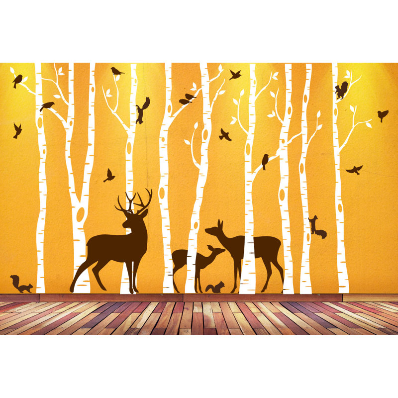 Décalcomanie murale en vinyle tree forest animal forest bouleau, H 84 po x l 132 po, Blanc / Brun