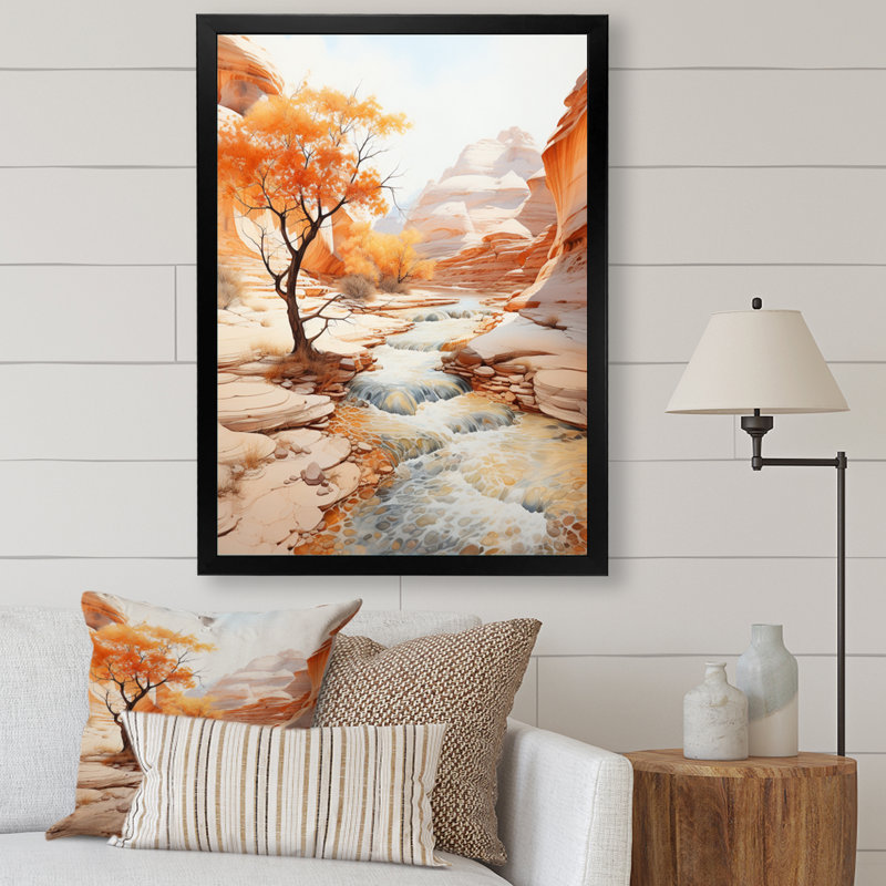 Beige pêche canyon mirage - impressions sur toile florales, Cadre photo noir, H 20 po x l 12 po x P 1 po