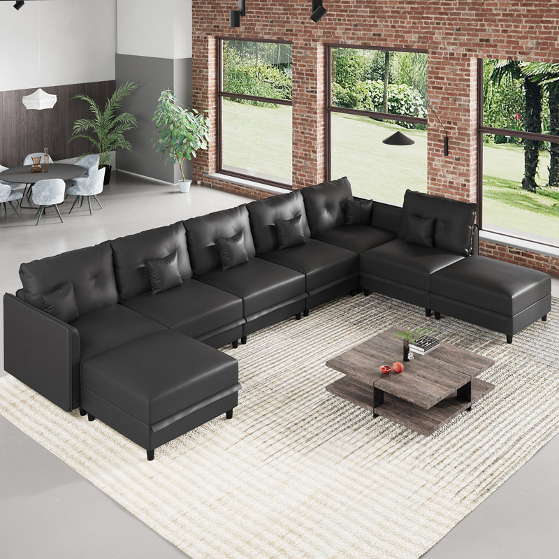 Tomario Upholstered L-Shaped Sectional Reversible, Black Faux Leather
