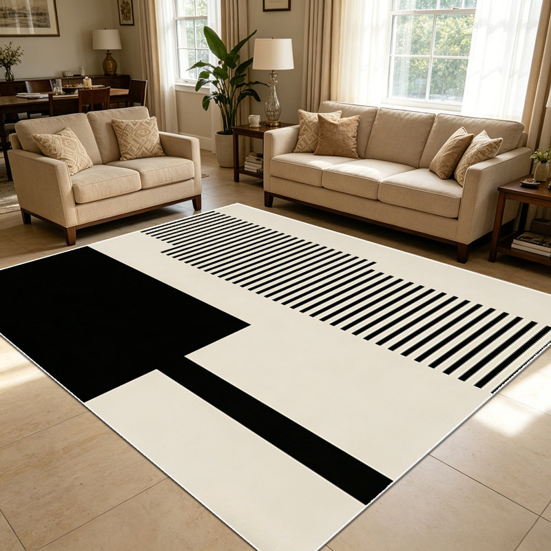 1PC Minimalist Geometric Black Beige Stripe and Block Pattern area rugs for Living Room, Soft and Comfortable, Suitable for all seasons, easy-to-maintain, machine washable Indoor floor mat, Under Table Farmhouse suitable for living room, dining area