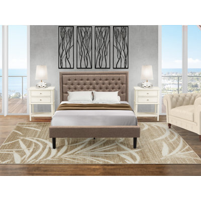Ensemble de lit pour grand lit 3 pièces - 1 tête de lit capitonnée en tissu de lin kaki foncé et capitonnée avec 2 tables de chevet - Table de chevet au fini crème au beurre brossé