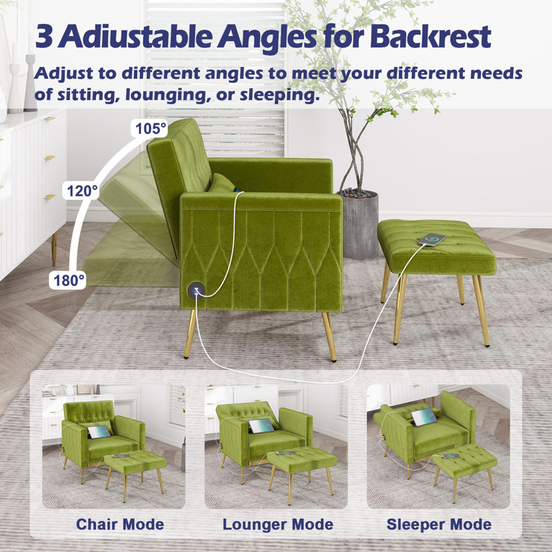 Velvet Armchair with Footstool, Green