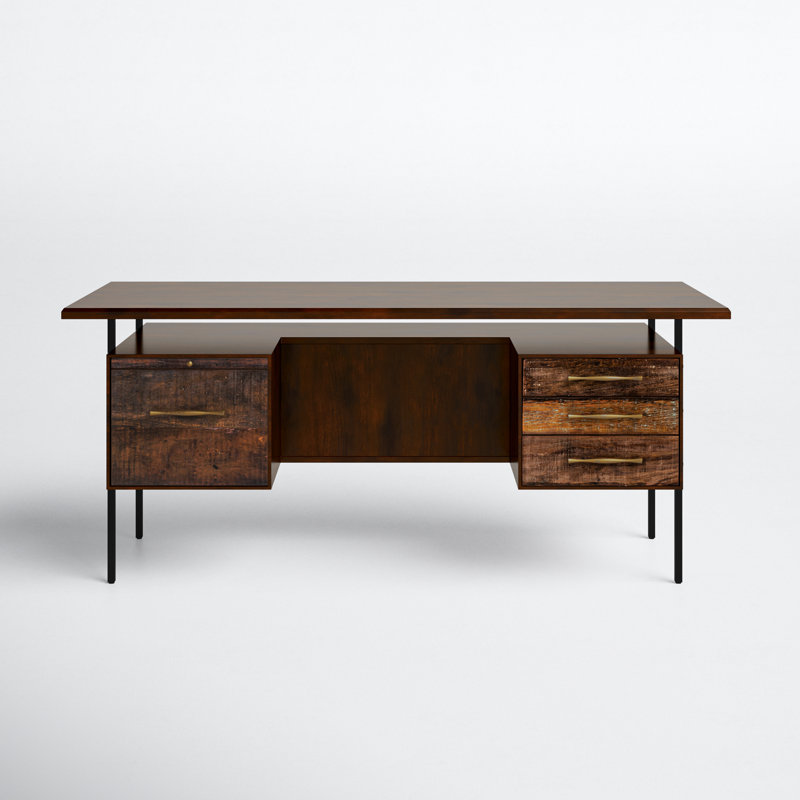Solid Wood Top Metal Base Computer Desk, Brown/Black