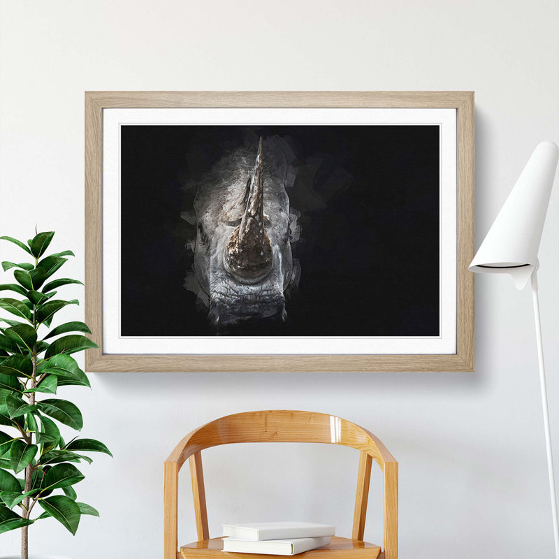 Rhino in the Shadows in Abstract - Picture Frame Graphic Art Print, 27cm H x 36cm W x 2cm D, Oak Framed