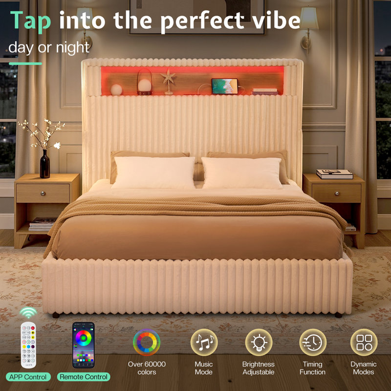 Smart Upholstered Bed Frame, Cream, Queen