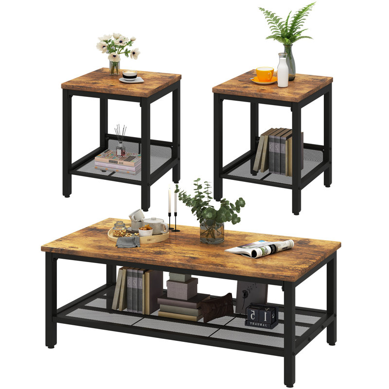 Industrial Coffee Table, Coffee Table Set Of 3 With 2 Square End Side Tables, Faux Marble Coffee Table With Metal Frame For Apartment Home Office, White Black