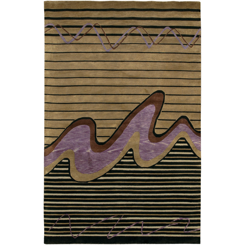 Aadi Striped Hand-Knotted Wool Brown/Tan Area Rug, Brown, Tan, Black, Purple, Rectangle 7'9" x 10'6"
