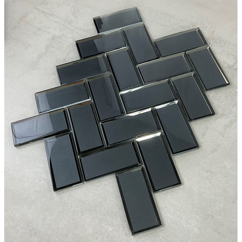 2" x 4" Glass Herringbone / Chevron Mosaic Tile, Dark Gray