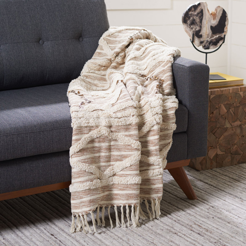 Renali Ivory and Beige Reversible Cotton Throw Blanket