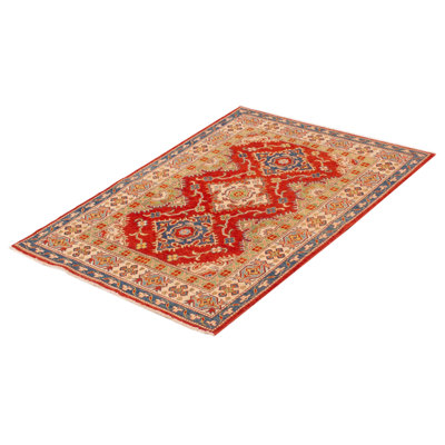 Tapis bleu clair / orange / crème en laine noué à la main de conception unique 4 pi 3 po x 5 pi 11 po New Age Gestan