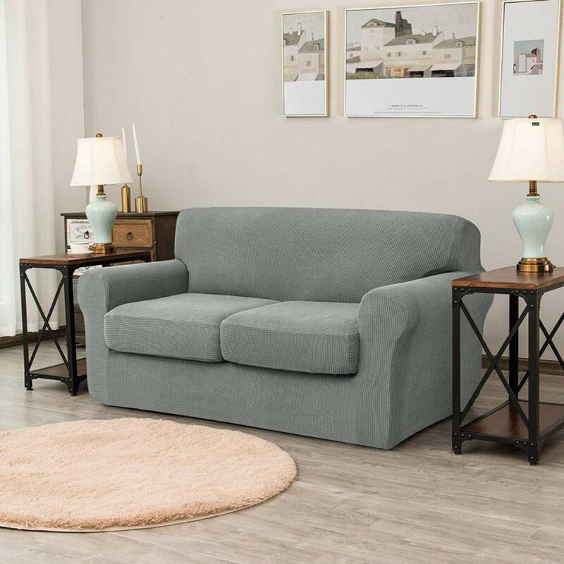 Textured Grid Soft Stretch Separate Box Cushion Sofa Slipcover, Grey, 104cm H x 235cm W x 107cm D