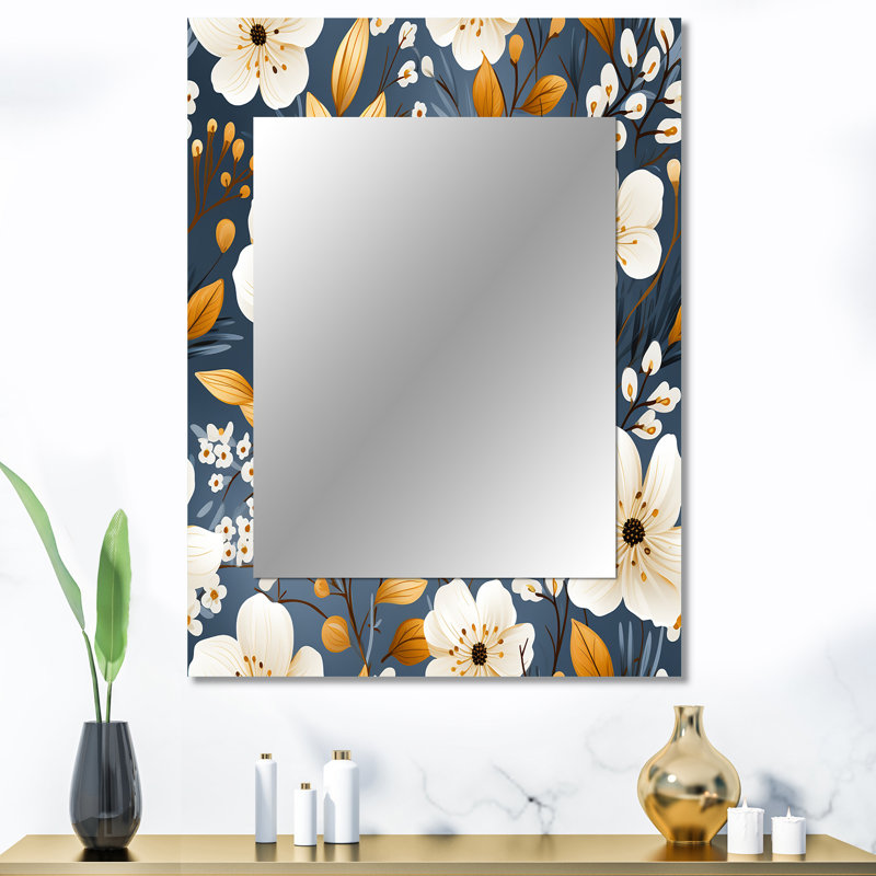 Carmalita Watercolor Whimsy White Serenaded Gardens - Floral Decorative Mirror, Cottage Large Wall Mirror, Printed Metal Art