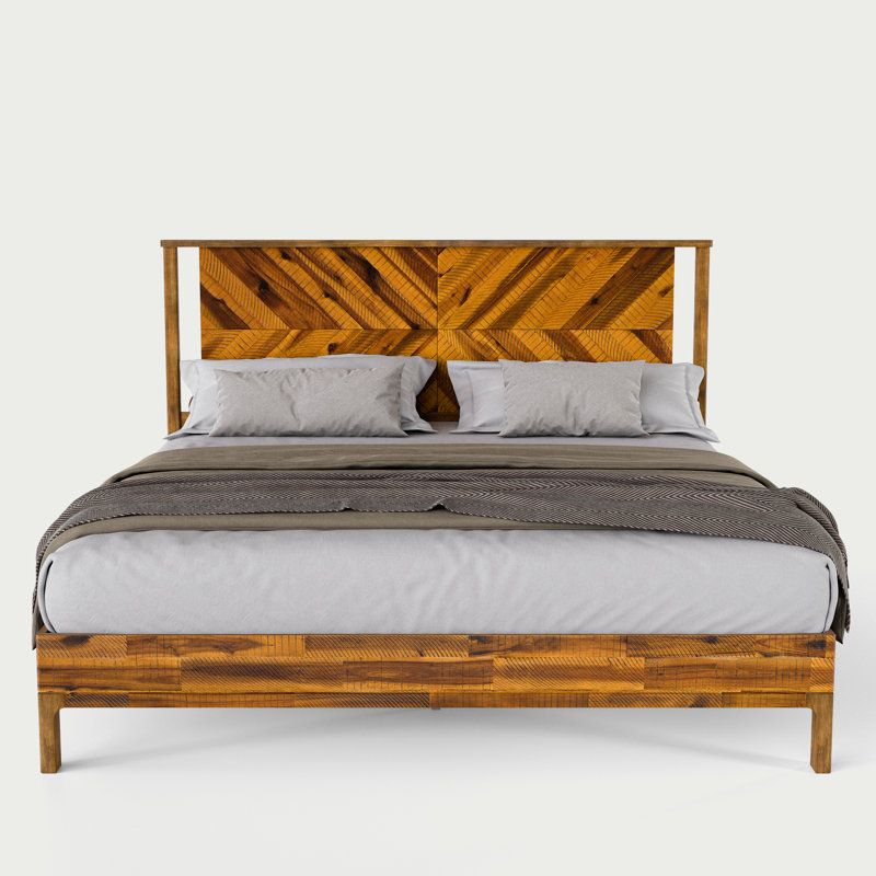 Vivian DELUXE Platform Bed Frame with Headboard – Acacia Wood, King, Rustic Golden Brown