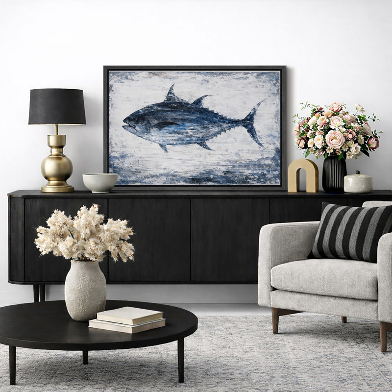 Blue Tuna Fish Artwork, Coastal Marine Life Living Room Pictures, Framed Canvas Giclee Print Wall Art, Black Frame
