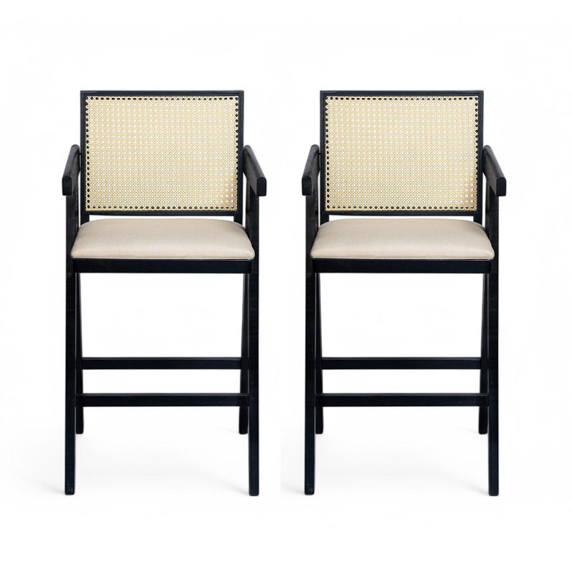 Tabouret de bar à dossier en plastique tissé gris crème de 27 po de hauteur - siège en tissu rembourré de mousse et structure en bois d'hévéa durable
