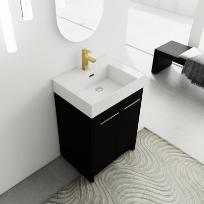 Meuble-lavabo moderne de 24 po avec lavabo en résine, porte à fermeture en douceur, châtaignier noir, - finition, charnières de rangement spacieuses, concept de design luxueux, spacieux