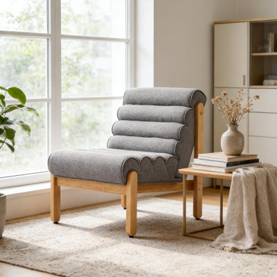 Living Fluffy Accent Chair Gray With Natural Solid Wood Frame