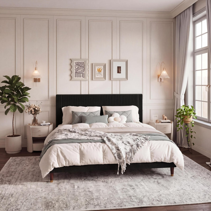 Base de lit plateforme très grand, cadre de lit très grand moderne avec tête de lit tapissier et support de lattes en métal robuste, aucun sommier requis, assemblage facile, noir