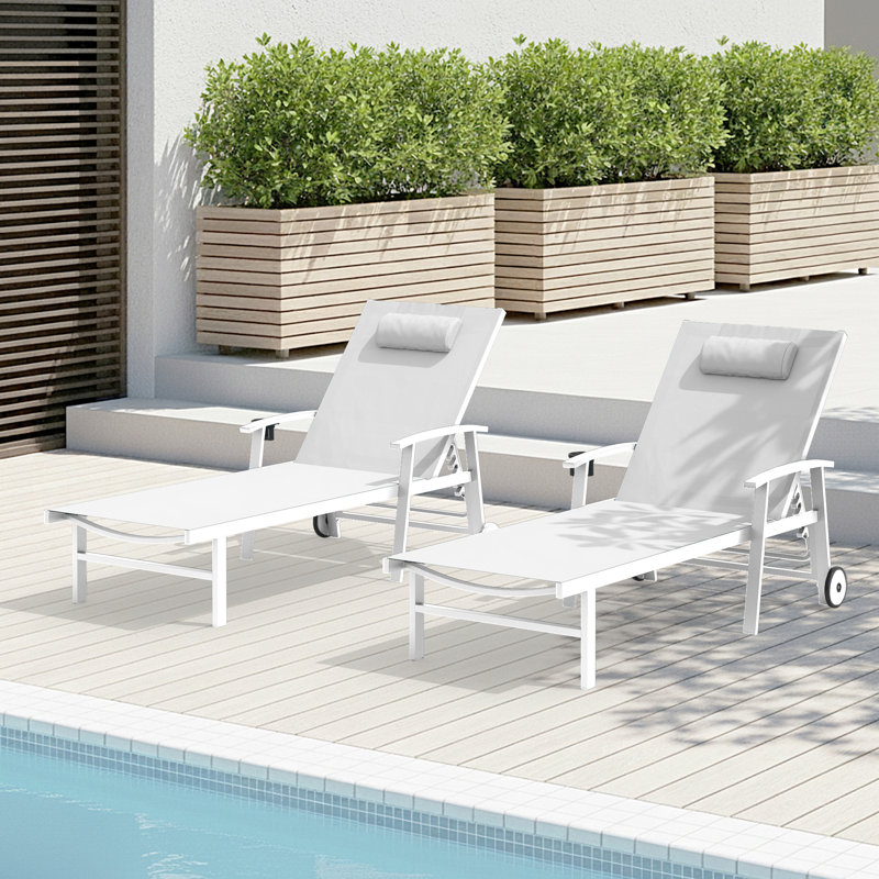 Ensemble de 2 chaises longues d'extérieur avec roulettes et accoudoirs, Blanc